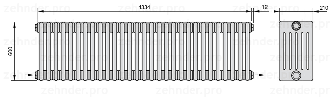 Схема (чертеж) Радиатор Zehnder Charleston 6060/29 №2670 Белый глянцевый RAL 9016